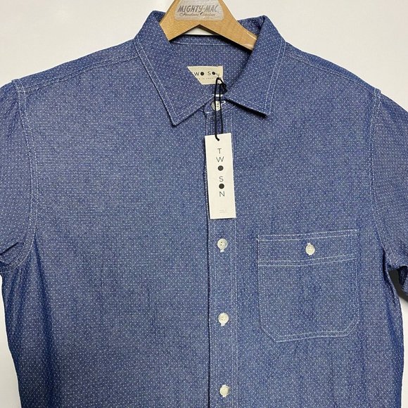 NWT TWO SON Mens Blue Denim White Speckled L/S Cotton Button Down Large L - Picture 2 of 6
